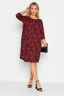 YOURS Curve Red Ditsy Print Drape Pocket Dress