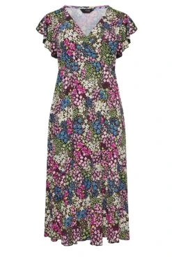 YOURS Curve Black & Green Ditsy Print Frill Sleeve Wrap Maxi Dress -Plus Size Apparel Shop c44ba0e7 76dc 4f 301889 X