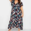 YOURS Curve Navy Blue Leaf Print Frill Sleeve Wrap Maxi Dress -Plus Size Apparel Shop c68dfe76 9322 42 301906 B