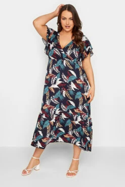YOURS Curve Navy Blue Leaf Print Frill Sleeve Wrap Maxi Dress