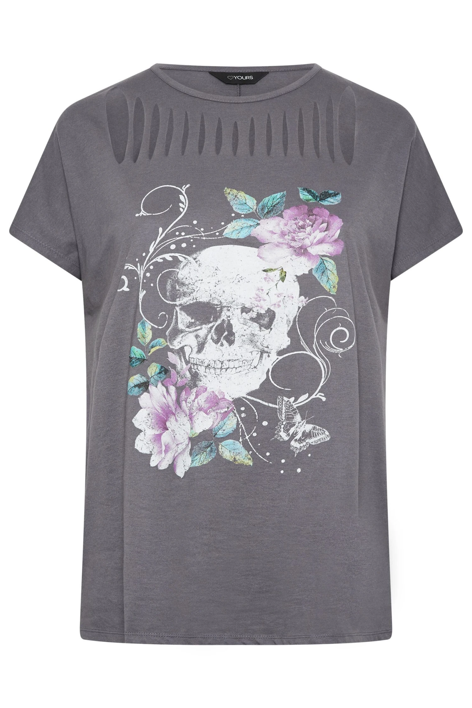 YOURS Curve Grey Skull Print Distressed T-Shirt 7 YOURS Curve Grey Skull Print Distressed T-Shirt - Image 5