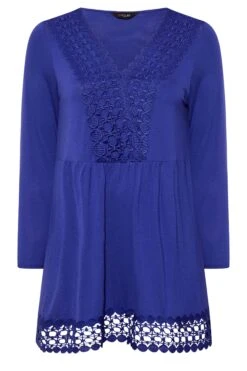 YOURS Curve Blue Crochet Trim Long Sleeve Tunic Top -Plus Size Apparel Shop c82429b8 66e2 4e 320340 X