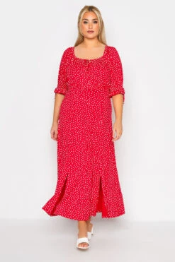 LIMITED COLLECTION Curve Red Spot Print Milkmaid Side Split Maxi Dress