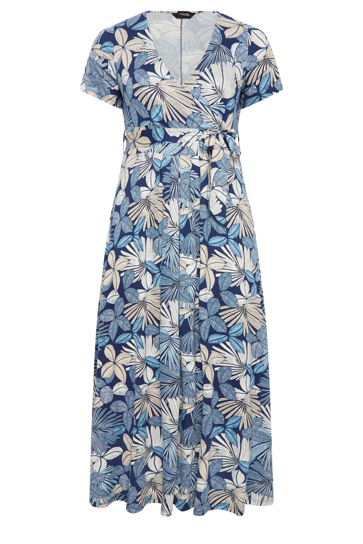 YOURS Curve Blue Leaf Print Wrap Dress 7 YOURS Curve Blue Leaf Print Wrap Dress - Image 5