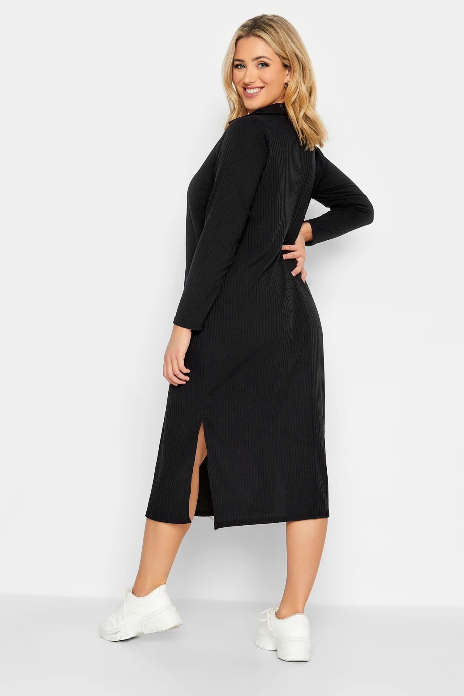 YOURS Curve Black Ribbed Collar Midi Dress 4 YOURS Curve Black Ribbed Collar Midi Dress - Image 2