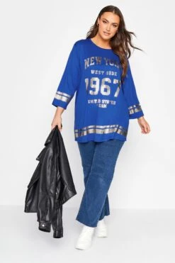 YOURS Curve Cobalt Blue Metallic Varsity T-Shirt