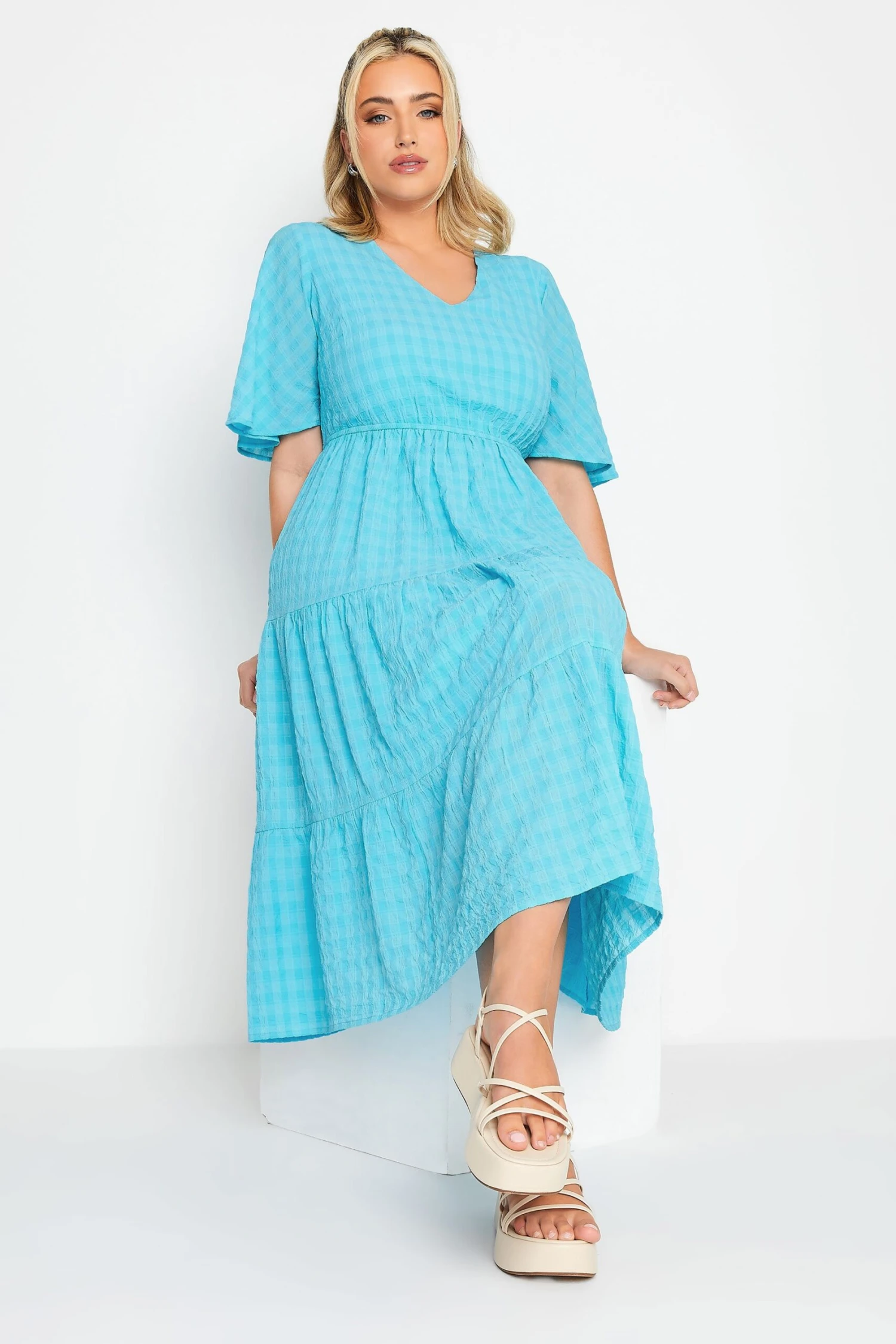 LIMITED COLLECTION Curve Aqua Blue Textured Tiered Smock Dress 3 LIMITED COLLECTION Curve Aqua Blue Textured Tiered Smock Dress