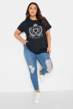 YOURS Curve Navy Blue Crown Print T-Shirt