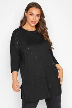 Curve Black Stud Detail Side Split T-Shirt