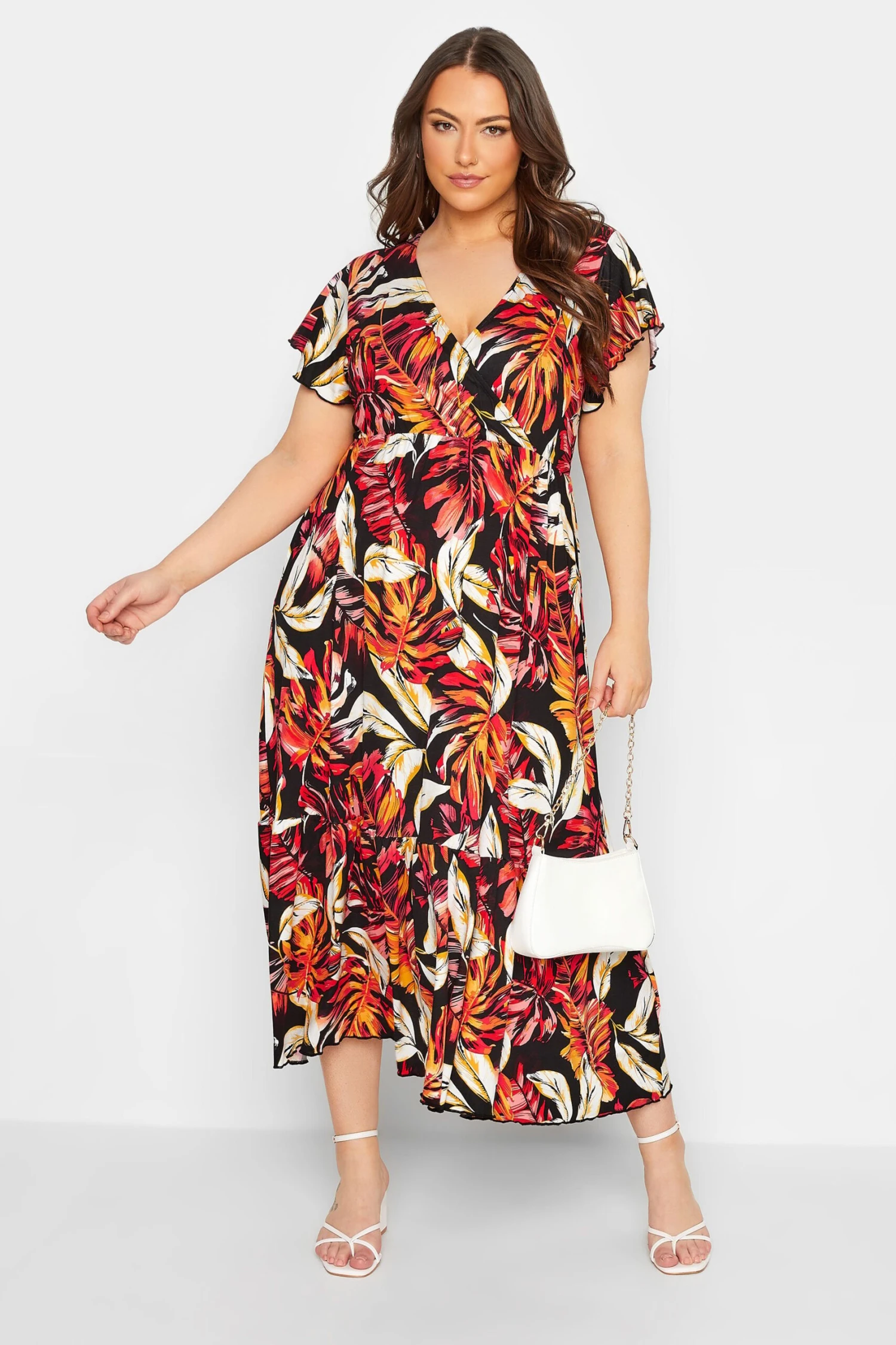 YOURS Curve Black & Orange Leaf Print Frill Sleeve Wrap Maxi Dress 3 YOURS Curve Black & Orange Leaf Print Frill Sleeve Wrap Maxi Dress
