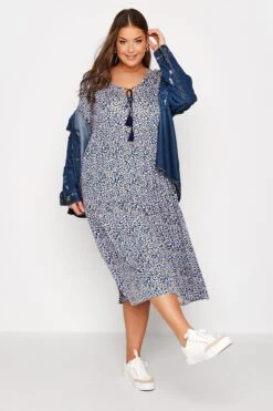 YOURS Curve Blue Ditsy Print Tiered Midi Dress