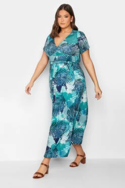 YOURS Curve Blue Leaf Print Wrap Maxi Dress