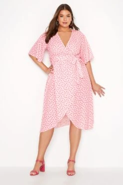 YOURS LONDON Curve Pink Polka Dot Midi Wrap Dress