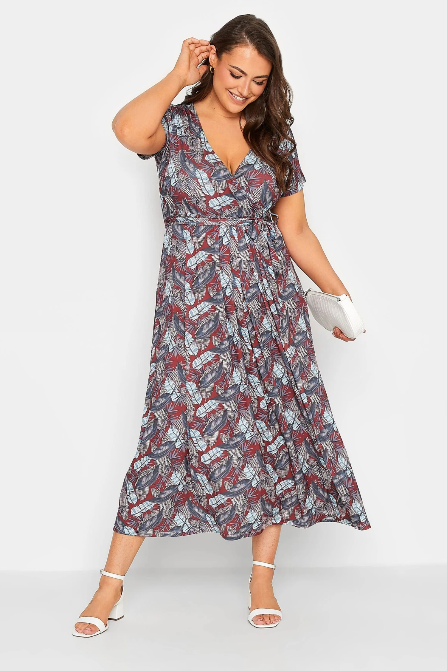 YOURS Curve Red Leaf Print Maxi Wrap Dress 3 YOURS Curve Red Leaf Print Maxi Wrap Dress