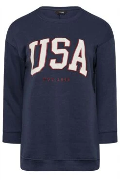YOURS Curve Navy Blue 'USA' Embroidered Slogan Sweatshirt -Plus Size Apparel Shop e1392260 683b 47 301133 X