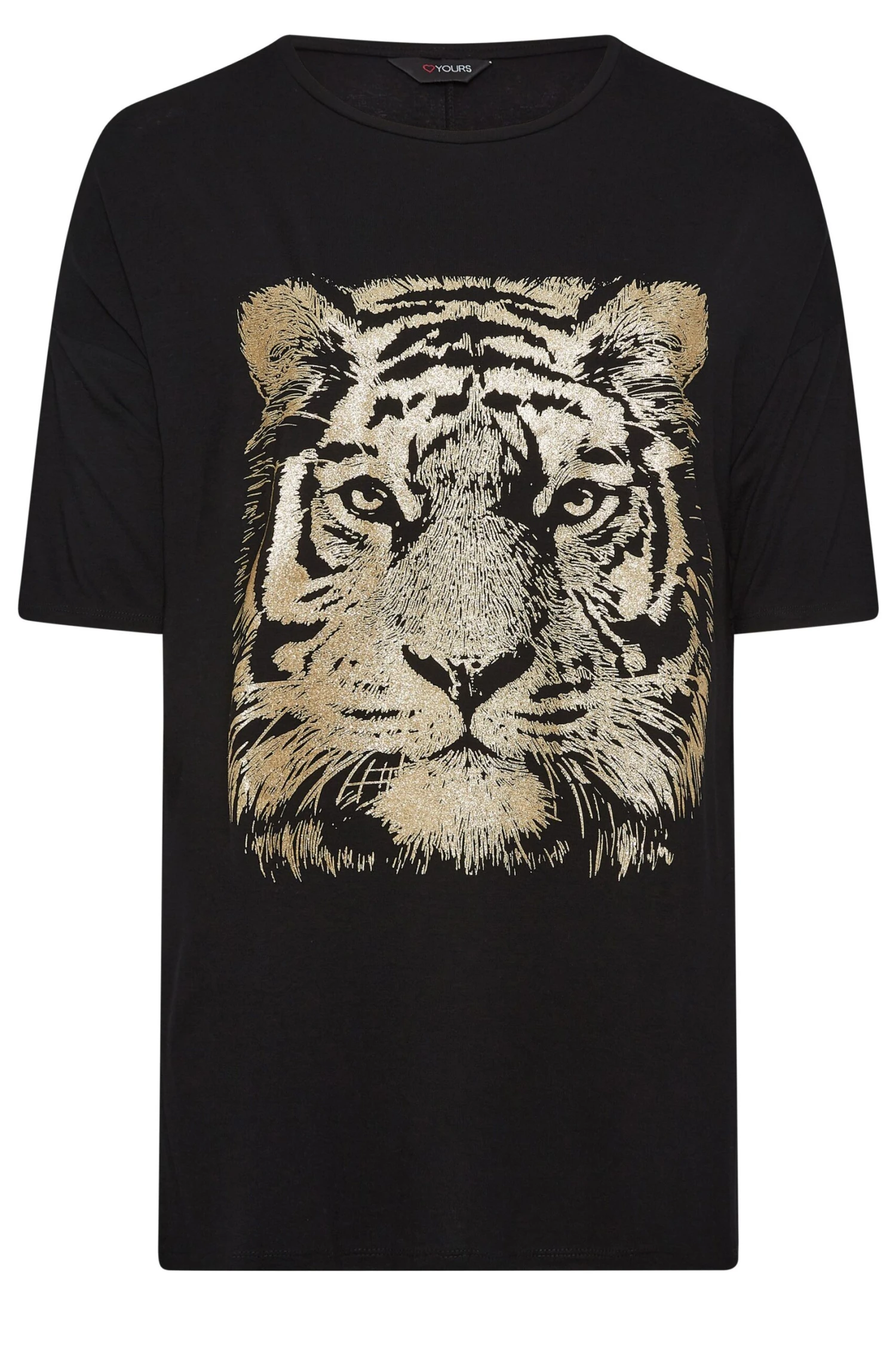 YOURS Curve Black & Gold Glitter Tiger Print Split Hem T-Shirt 7 YOURS Curve Black & Gold Glitter Tiger Print Split Hem T-Shirt - Image 5