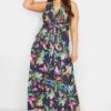 YOURS LONDON Curve Navy Blue Tropical Print Knot Front Maxi Dress