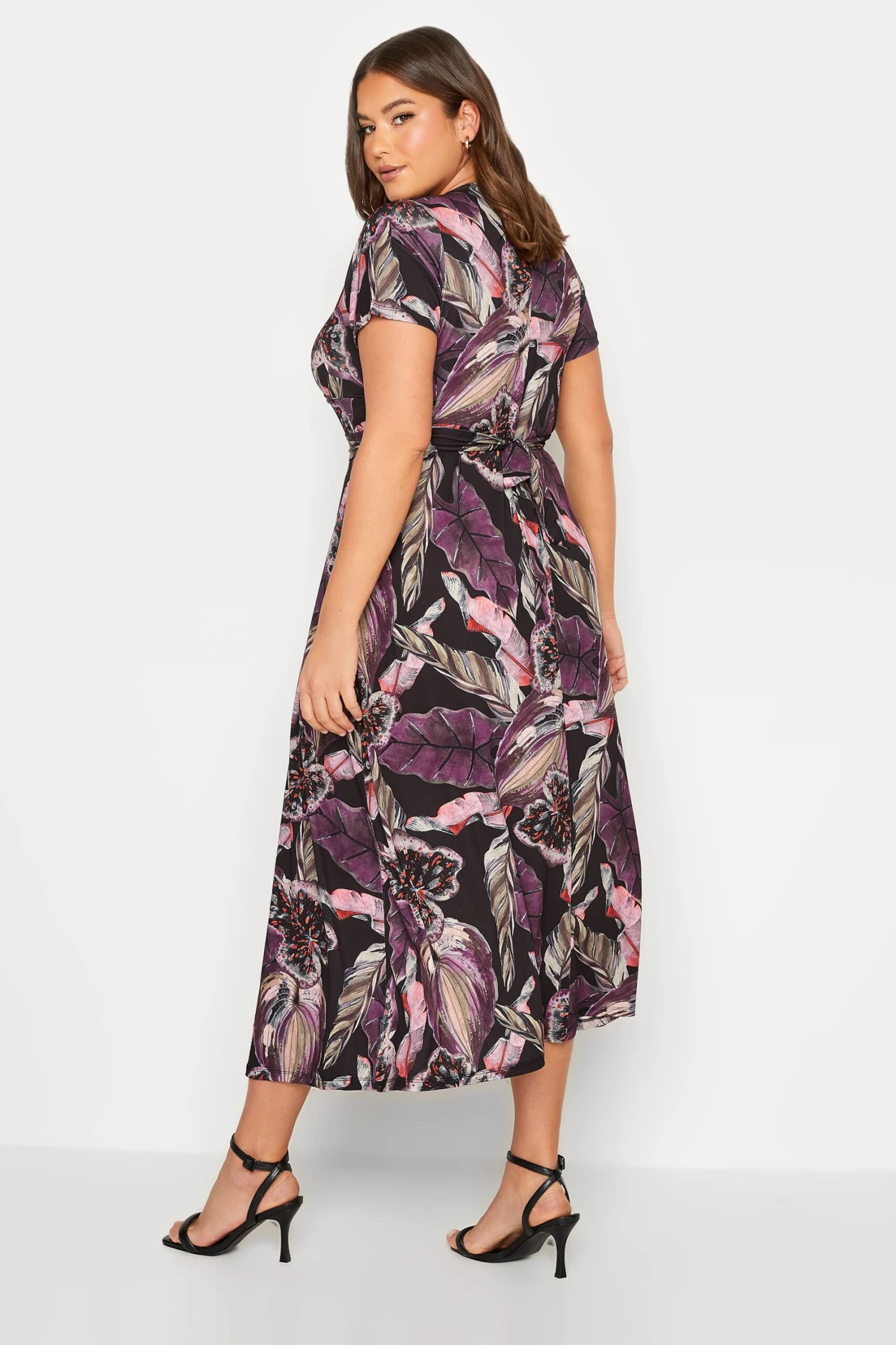 YOURS Curve Black Leaf Print Wrap Dress 4 YOURS Curve Black Leaf Print Wrap Dress - Image 2