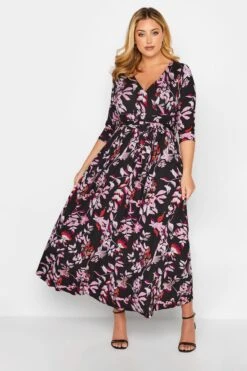 YOURS Curve Black Leaf Print Wrap Front Dress