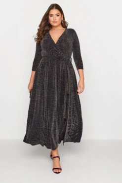 YOURS LONDON Curve Black & Rainbow Glitter Wrap Dress