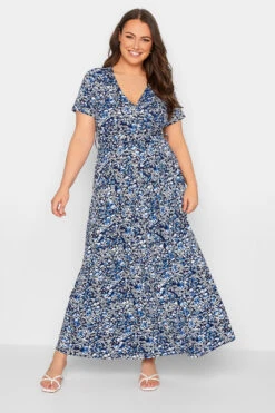 YOURS Curve Black & Blue Ditsy Floral Wrap Dress