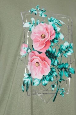 YOURS Curve Khaki Green Floral Foil Print T-Shirt -Plus Size Apparel Shop fd219bc3 6c57 4c 302182 Z