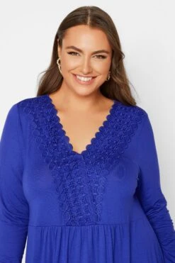 YOURS Curve Blue Crochet Trim Long Sleeve Tunic Top -Plus Size Apparel Shop fff1303a 9bdf 44 320340 D